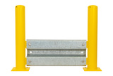 Afschermpaal 114x3,6x750 mm. op voetplaat geel v.v. lippen (t.b.v. bovenkant rail 350 mm)