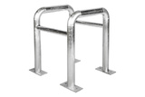 Kolombeschermer uit buis Ø60 mm. Afm: 500x500 mm. Hoog 600 mm. op voetplaat. verzinkt (geleverd in 4 delen)