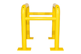 Kolombeschermer uit buis Ø60 mm. Afm: 500x500 mm. Hoog 600 mm. op voetplaat. Geel (geleverd in 4 delen)